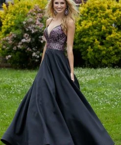 Mori Lee - 45050 Sequined Deep V-neck Glitter Satin A-line Dress Formal Gowns