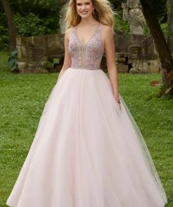 Mori Lee - 45072 Beaded Deep V-neck Tulle Ballgown Formal Gowns
