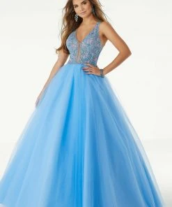 Mori Lee - 45072 Beaded Deep V-neck Tulle Ballgown Formal Gowns