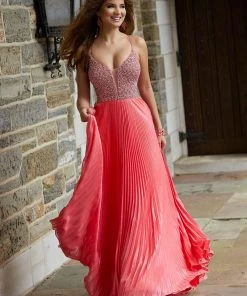 Formal Gowns Mori Lee - 45073 Beaded Deep V-neck Pleated A-line Gown