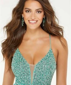 Formal Gowns Mori Lee - 45073 Beaded Deep V-neck Pleated A-line Gown