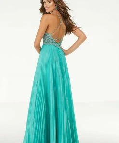 Formal Gowns Mori Lee - 45073 Beaded Deep V-neck Pleated A-line Gown