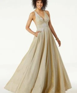 Mori Lee - 45087 Pleat-Ornate Plunging V-Neck Glitter Dress 12 Mori Lee - 45087 Pleat-Ornate Plunging V-Neck Glitter Dress