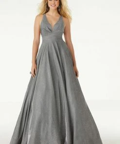 Mori Lee - 45087 Pleat-Ornate Plunging V-Neck Glitter Dress