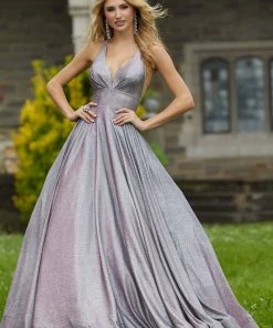 Mori Lee - 45087 Pleat-Ornate Plunging V-Neck Glitter Dress 14 Mori Lee - 45087 Pleat-Ornate Plunging V-Neck Glitter Dress