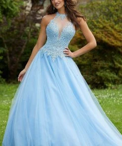 Mori Lee - 45091 Lace Appliqued Halter Long Dress