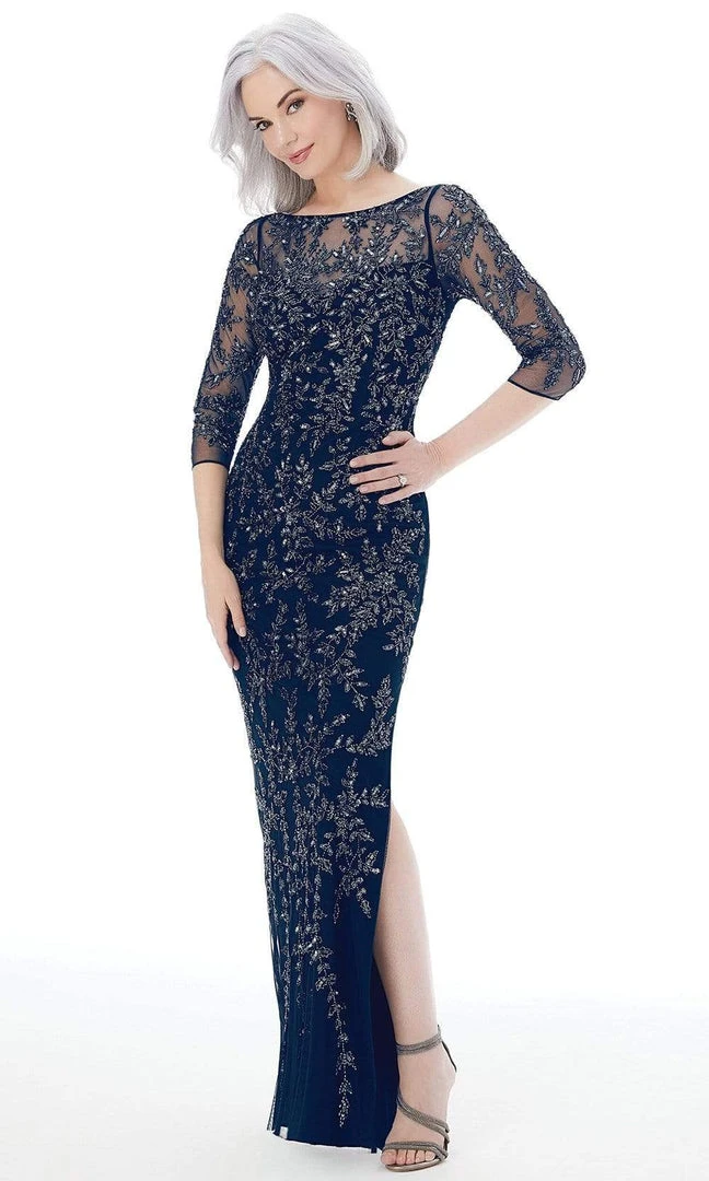 MGNY By Mori Lee Mori Lee - Illusion Bateau Neckline Bead Pattern Sheath Dress 72232 - 2 Pcs Navy In Sizes 4 And 12 Available 4 MGNY By Mori Lee Mori Lee - Illusion Bateau Neckline Bead Pattern Sheath Dress 72232 - 2 Pcs Navy In Sizes 4 And 12 Available