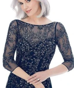 MGNY By Mori Lee Mori Lee - Illusion Bateau Neckline Bead Pattern Sheath Dress 72232 - 2 Pcs Navy In Sizes 4 And 12 Available 8 MGNY By Mori Lee Mori Lee - Illusion Bateau Neckline Bead Pattern Sheath Dress 72232 - 2 Pcs Navy In Sizes 4 And 12 Available