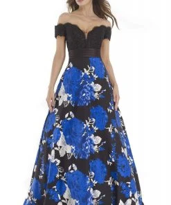Morrell Maxie - Lace Off-Shoulder Floral A-line Dress 15620 - 1 Pc Royal Black In Size 4 Available Formal Gowns