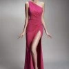 Formal Gowns Nicole Bakti - 6863 One Shoulder High Slit Sheath Dress - 1 Pc Fushia In Size 2 Available