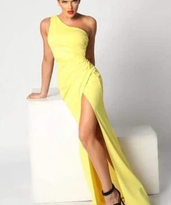 Formal Gowns Nicole Bakti - 6863 One Shoulder High Slit Sheath Dress - 1 Pc Fushia In Size 2 Available