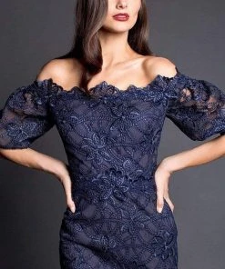 Nicole Bakti - Off-Shoulder Lace Applique Cocktail Dress 661 - 1 Pc Navy In Size 4 Available 5 Nicole Bakti - Off-Shoulder Lace Applique Cocktail Dress 661 - 1 Pc Navy In Size 4 Available