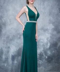 Nina Canacci - 2124 Plunging Adorned Waist Sleeveless Gown Formal Gowns