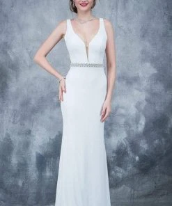 Nina Canacci - 2124 Plunging Adorned Waist Sleeveless Gown Formal Gowns