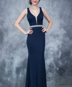 Nina Canacci - 2124 Plunging Adorned Waist Sleeveless Gown Formal Gowns
