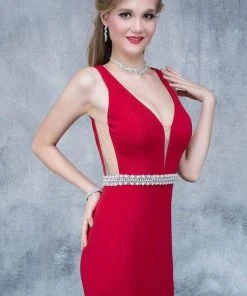 Nina Canacci - 2124 Plunging Adorned Waist Sleeveless Gown Formal Gowns