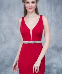 Nina Canacci - 2124 Plunging Adorned Waist Sleeveless Gown Formal Gowns