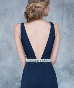 Nina Canacci - 2124 Plunging Adorned Waist Sleeveless Gown Formal Gowns