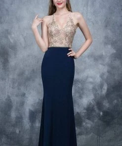 Nina Canacci - 2130 Embroidered Illusion V-neck Sheath Dress