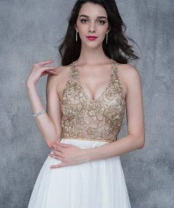 Formal Gowns Nina Canacci - 2170 Gold Embroidered Halter A-line Dress