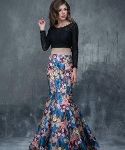 Nina Canacci - 2173 Two-Piece Long Sleeve Contrast Evening Dress Formal Gowns