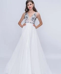 Nina Canacci - 2205 Floral Embroidered Plunging V-Neck Gown