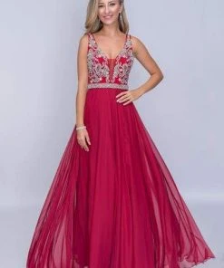 Nina Canacci - 2213 Rhinestone Accented Deep V-neck A-line Dress Formal Gowns