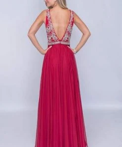 Nina Canacci - 2213 Rhinestone Accented Deep V-neck A-line Dress Formal Gowns