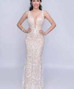 Nina Canacci - 2227 Embroidered Lace Plunging Sheath Gown