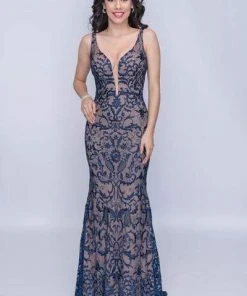 Nina Canacci - 2227 Embroidered Lace Plunging Sheath Gown
