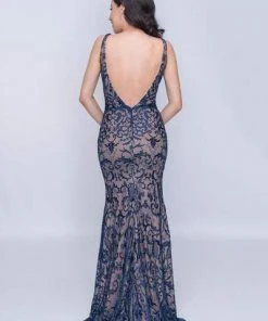 Nina Canacci - 2227 Embroidered Lace Plunging Sheath Gown