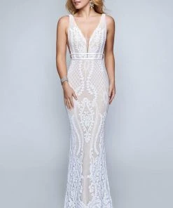 Nina Canacci - 2236 Lattice Sequined Plunging Sheath Gown