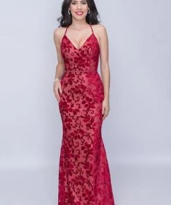 Nina Canacci - 2239 Crisscrossed Back Foliage Motif Sheath Gown Formal Gowns