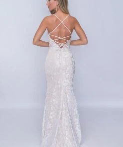 Nina Canacci - 2239 Crisscrossed Back Foliage Motif Sheath Gown Formal Gowns