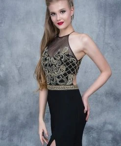 Nina Canacci - 3131 Bedazzled Illusion Halter Sheath Dress Formal Gowns