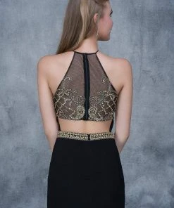 Nina Canacci - 3131 Bedazzled Illusion Halter Sheath Dress Formal Gowns