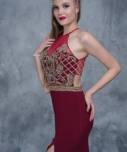 Nina Canacci - 3131 Bedazzled Illusion Halter Sheath Dress Formal Gowns