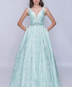 Nina Canacci - 3146 Illusion Plunging Neck Gem Embellished A Line Gown Formal Gowns