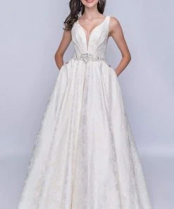 Nina Canacci - 3146 Illusion Plunging Neck Gem Embellished A Line Gown Formal Gowns