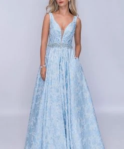 Nina Canacci - 3146 Illusion Plunging Neck Gem Embellished A Line Gown Formal Gowns