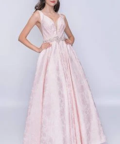 Nina Canacci - 3146 Illusion Plunging Neck Gem Embellished A Line Gown Formal Gowns