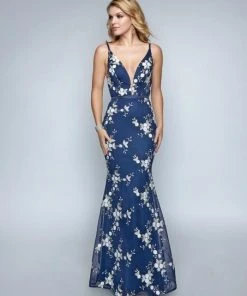 Nina Canacci - 3150 Floral Embroidered Deep V-neck Trumpet Dress Formal Gowns