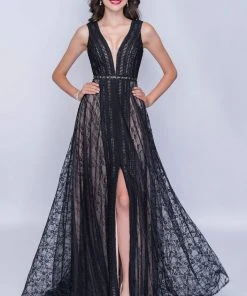Nina Canacci - 5132 Lace Deep V-neck A-line Dress With Train Formal Gowns