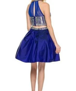 Nox Anabel - 6053 Gem Embellished Halter Two-Piece Cocktail Dress Cocktail Dresses