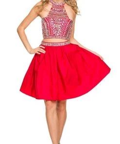 Nox Anabel - 6053 Gem Embellished Halter Two-Piece Cocktail Dress Cocktail Dresses