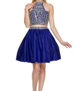 Nox Anabel - 6053 Gem Embellished Halter Two-Piece Cocktail Dress Cocktail Dresses