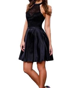 Nox Anabel - 6217 Illusion Laced Halter Short Prom Dress