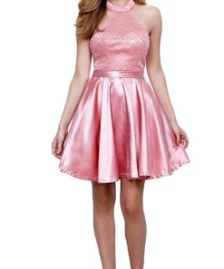 Nox Anabel - 6217 Illusion Laced Halter Short Prom Dress