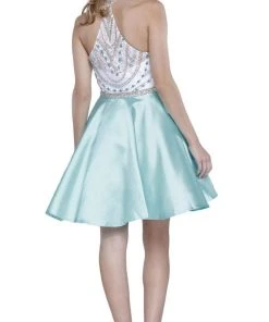 Nox Anabel - 6247 Beaded High Halter Illusion Satin Short Cocktail Dress Cocktail Dresses