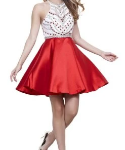 Nox Anabel - 6247 Beaded High Halter Illusion Satin Short Cocktail Dress Cocktail Dresses